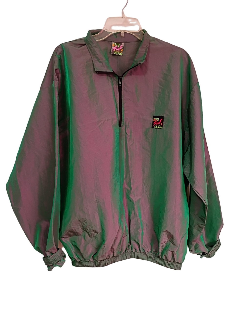 Surf style Iridescent Green and Purple Half-Zip Windbreaker XL 90's Y2K  ⚡💚💜🌊